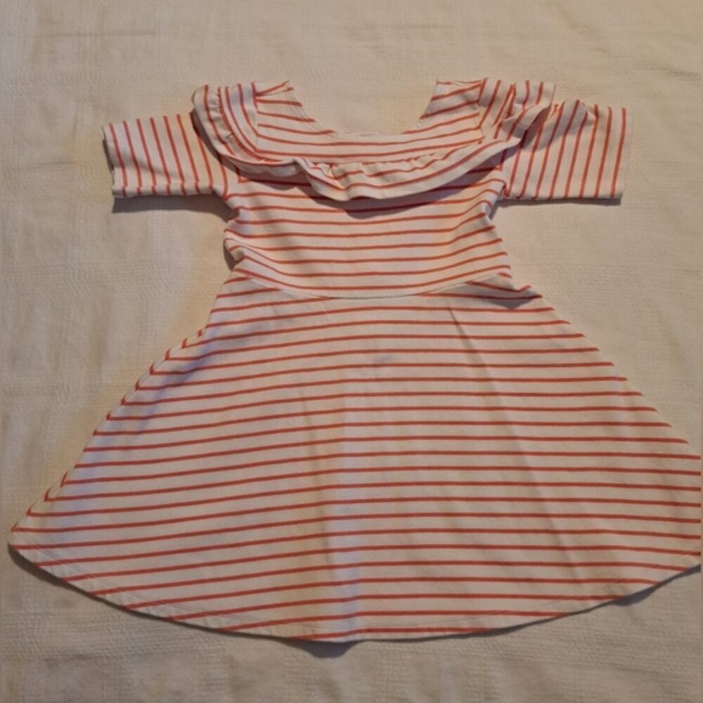 Janie and Jack girls size 6 white with orange stripe dress, ruffle on top